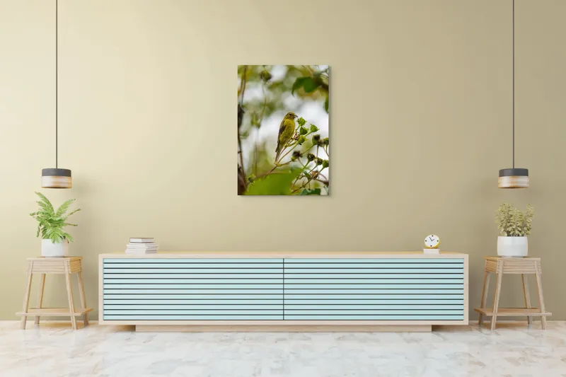 Tablou Canvas, "Cântecul mierlei printre crengi verzi", Verde, Pene, Ramură, Păsare, Frunze, Natură, Delicat, Primăvară, Observare, Frumusețe, 70 x 100 cm – poza 5