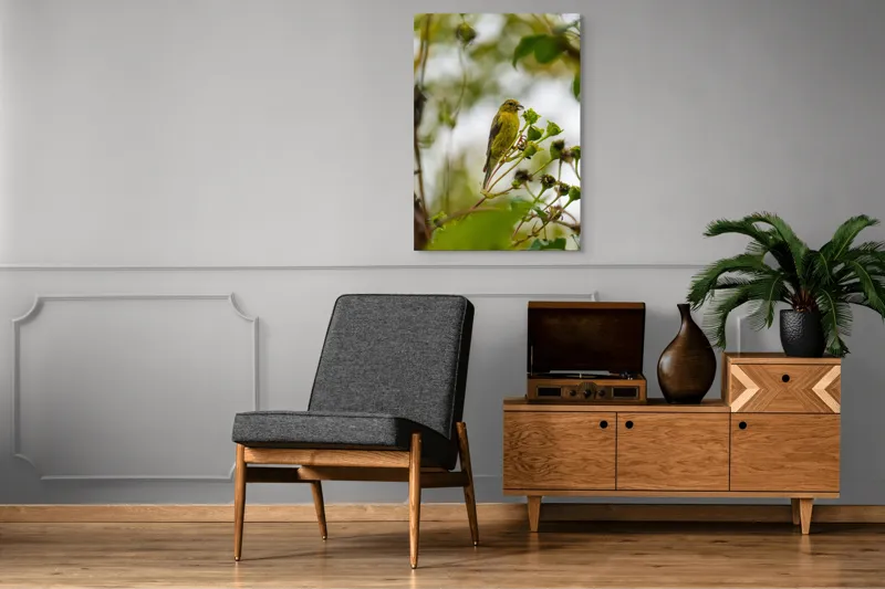 Tablou Canvas, "Cântecul mierlei printre crengi verzi", Verde, Pene, Ramură, Păsare, Frunze, Natură, Delicat, Primăvară, Observare, Frumusețe, 70 x 100 cm – poza 6