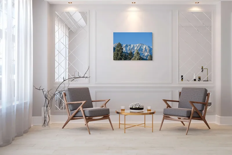 Tablou Canvas, "Munți înzăpeziți sub cer senin", Pini, Munte, Zăpadă, Cer, Albastru, 100 x 70 cm – poza 5