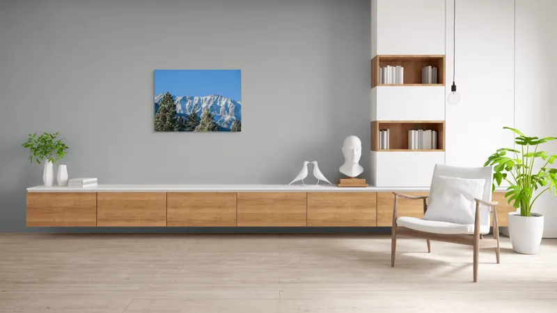 Tablou Canvas, "Munți înzăpeziți sub cer senin", Pini, Munte, Zăpadă, Cer, Albastru, 100 x 70 cm – poza 6