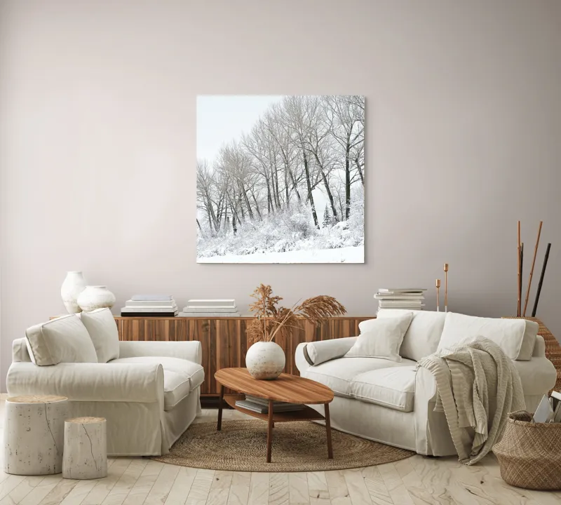 Tablou Canvas, "Pădurea înghețată sub cer gri", Alb, Rece, Zăpadă, Copaci, Cer, Frig, Pădure, Iarnă., 100 x 100 cm – poza 3