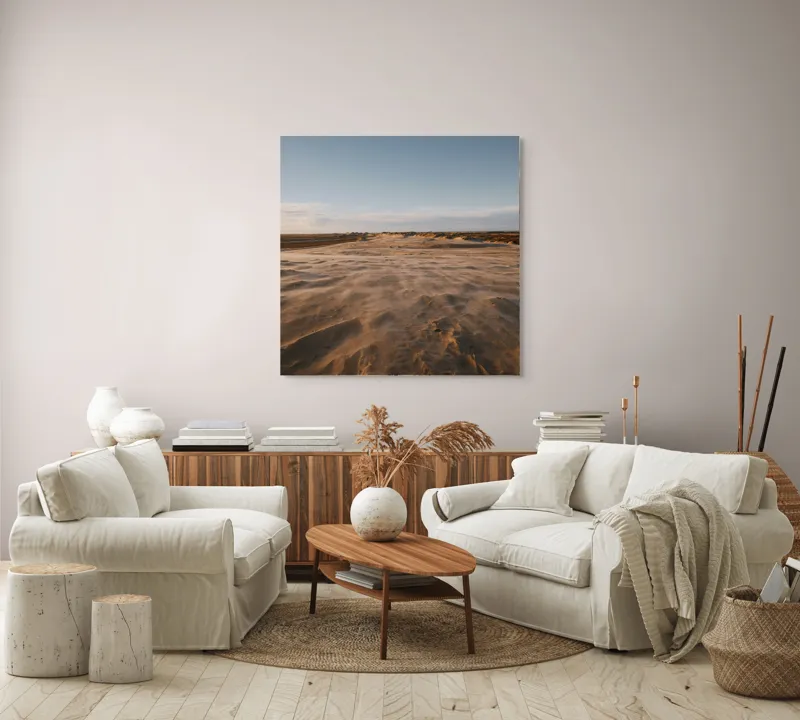 Tablou Canvas, "Dunele de nisip sub cer senin", Deșert, Dune, Vânt, Cer, Apus, Liniște, Infinit, Nisip, 100 x 100 cm – poza 3