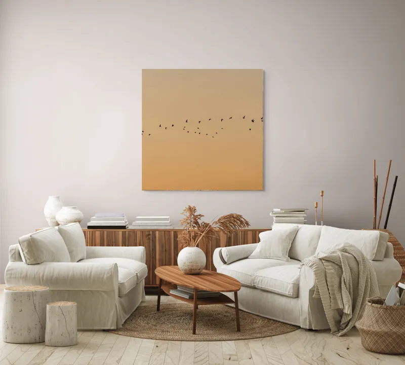 Tablou Canvas, "Zborul păsărilor la apus de soare", Păsări, Cer, Apus, Zbor, Siluetă, Liniște, Natură, Întindere, Libertate, Vedere., 100 x 100 cm – poza 3