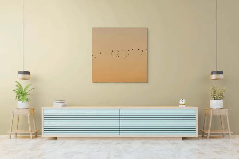Tablou Canvas, "Zborul păsărilor la apus de soare", Păsări, Cer, Apus, Zbor, Siluetă, Liniște, Natură, Întindere, Libertate, Vedere., 100 x 100 cm – poza 5