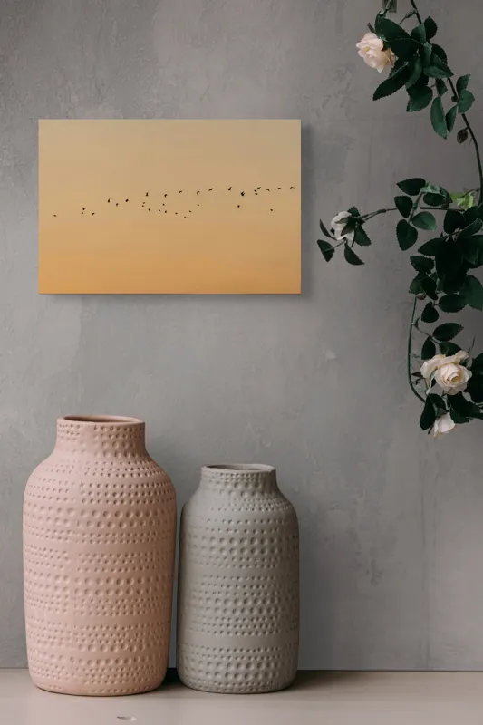 Tablou Canvas, "Zborul păsărilor la apus de soare", Păsări, Cer, Apus, Zbor, Siluetă, Liniște, Natură, Întindere, Libertate, Vedere., 39 x 26 cm – poza 4