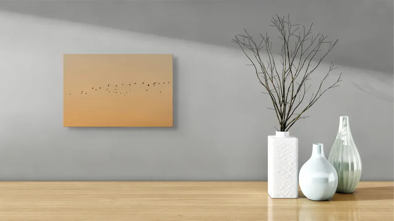 Tablou Canvas, "Zborul păsărilor la apus de soare", Păsări, Cer, Apus, Zbor, Siluetă, Liniște, Natură, Întindere, Libertate, Vedere., 39 x 26 cm – poza 8