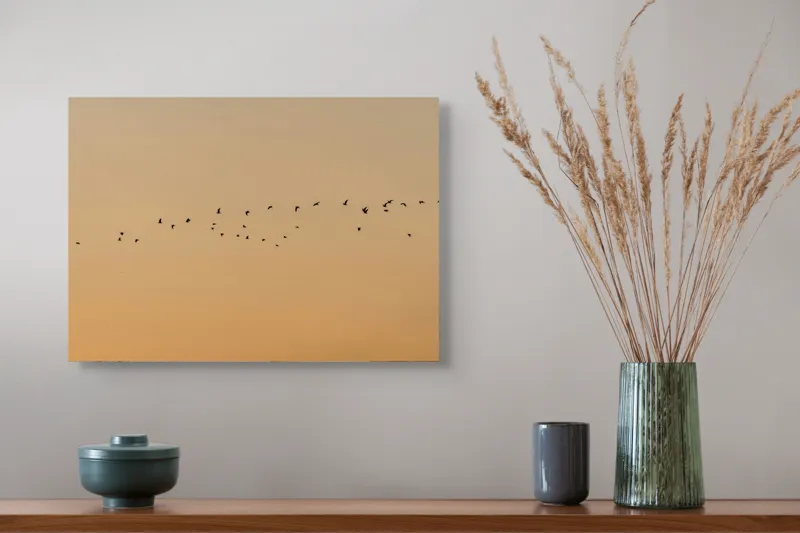 Tablou Canvas, "Zborul păsărilor la apus de soare", Păsări, Cer, Apus, Zbor, Siluetă, Liniște, Natură, Întindere, Libertate, Vedere., 54 x 39 cm – poza 4