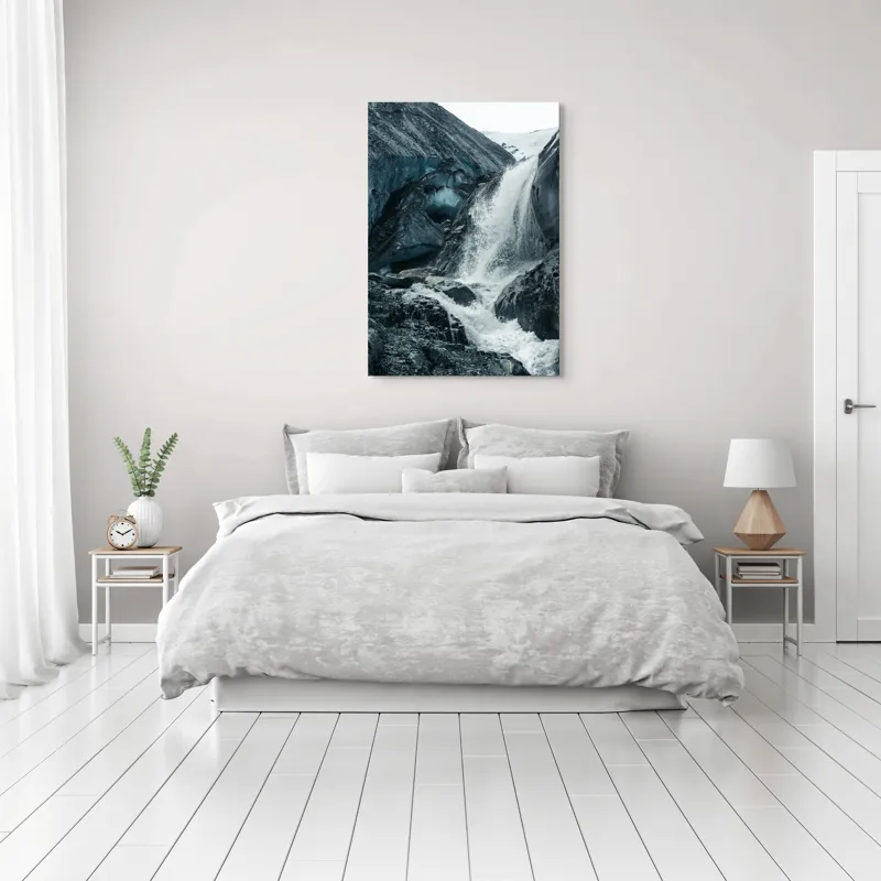 Tablou Canvas, "Cascadă rece pe înălțimi glaciale", Cascadă, Gheață, Munți, Stânci, Apă, Natură, Rece, Peisaj, Alpin, Sălbatic., 70 x 100 cm – poza 3