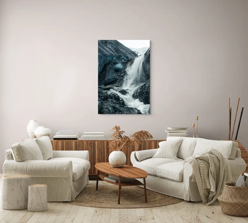Tablou Canvas, "Cascadă rece pe înălțimi glaciale", Cascadă, Gheață, Munți, Stânci, Apă, Natură, Rece, Peisaj, Alpin, Sălbatic., 70 x 100 cm – poza 4