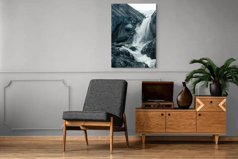 Tablou Canvas, "Cascadă rece pe înălțimi glaciale", Cascadă, Gheață, Munți, Stânci, Apă, Natură, Rece, Peisaj, Alpin, Sălbatic., 70 x 100 cm – poza 6