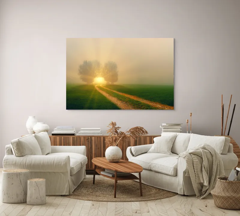 Tablou Canvas, "Drumul spre lumina eternă", Drum, Câmp, Copaci, Răsărit, Lumină, Ceață, Seninătate, Natură, 150 x 100 cm – poza 3