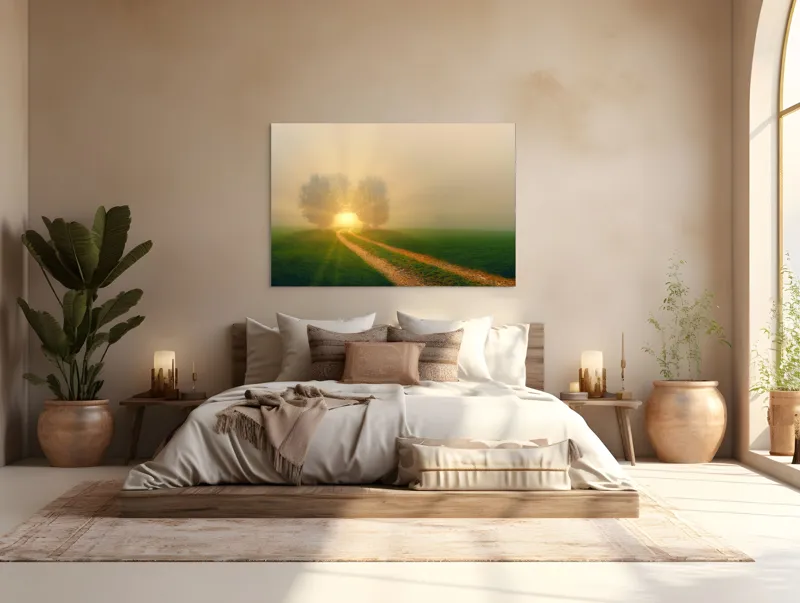 Tablou Canvas, "Drumul spre lumina eternă", Drum, Câmp, Copaci, Răsărit, Lumină, Ceață, Seninătate, Natură, 150 x 100 cm – poza 4