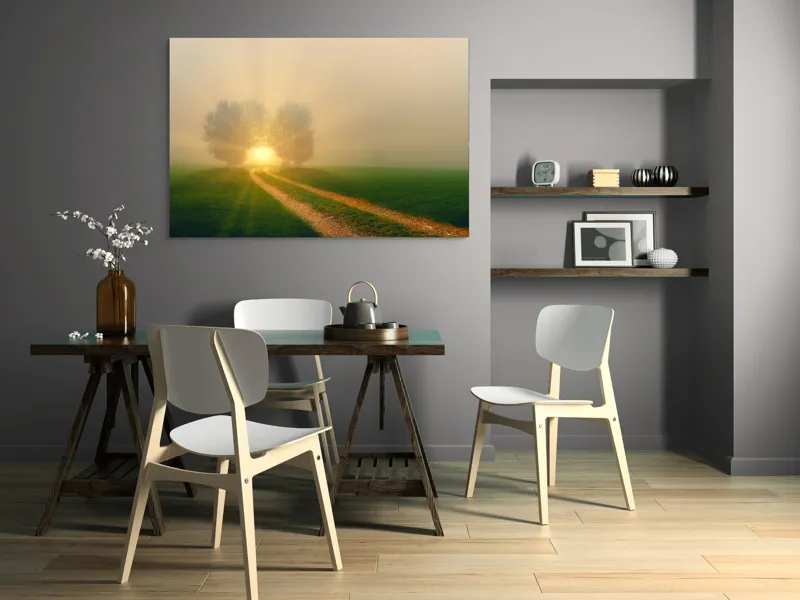 Tablou Canvas, "Drumul spre lumina eternă", Drum, Câmp, Copaci, Răsărit, Lumină, Ceață, Seninătate, Natură, 150 x 100 cm – poza 5
