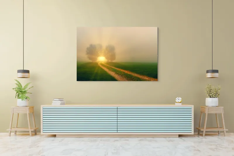 Tablou Canvas, "Drumul spre lumina eternă", Drum, Câmp, Copaci, Răsărit, Lumină, Ceață, Seninătate, Natură, 150 x 100 cm – poza 6