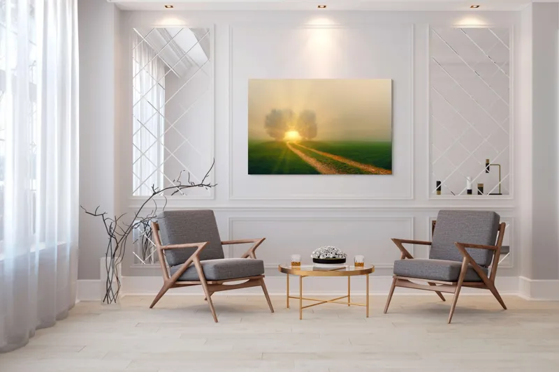 Tablou Canvas, "Drumul spre lumina eternă", Drum, Câmp, Copaci, Răsărit, Lumină, Ceață, Seninătate, Natură, 150 x 100 cm – poza 7
