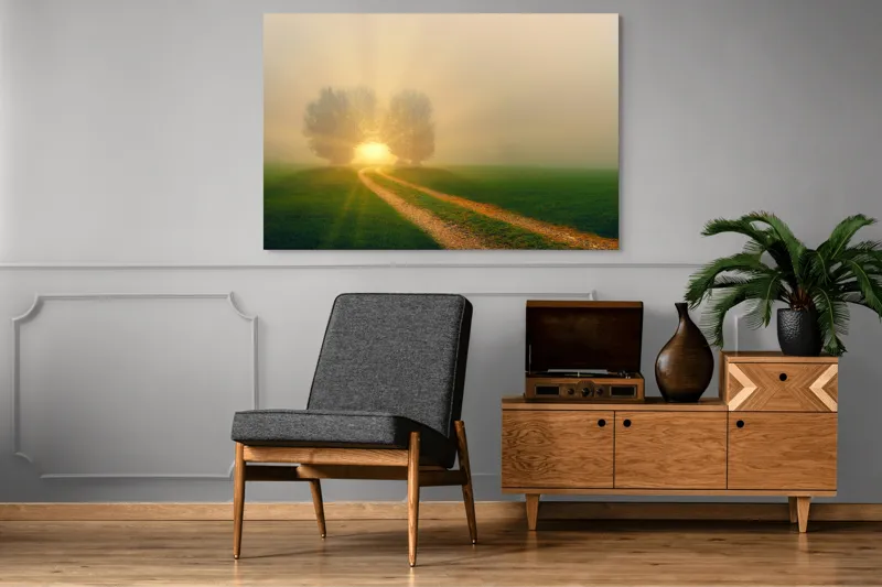 Tablou Canvas, "Drumul spre lumina eternă", Drum, Câmp, Copaci, Răsărit, Lumină, Ceață, Seninătate, Natură, 150 x 100 cm – poza 8
