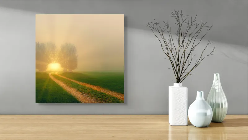 Tablou Canvas, "Drumul spre lumina eternă", Drum, Câmp, Copaci, Răsărit, Lumină, Ceață, Seninătate, Natură, 50 x 50 cm – poza 3