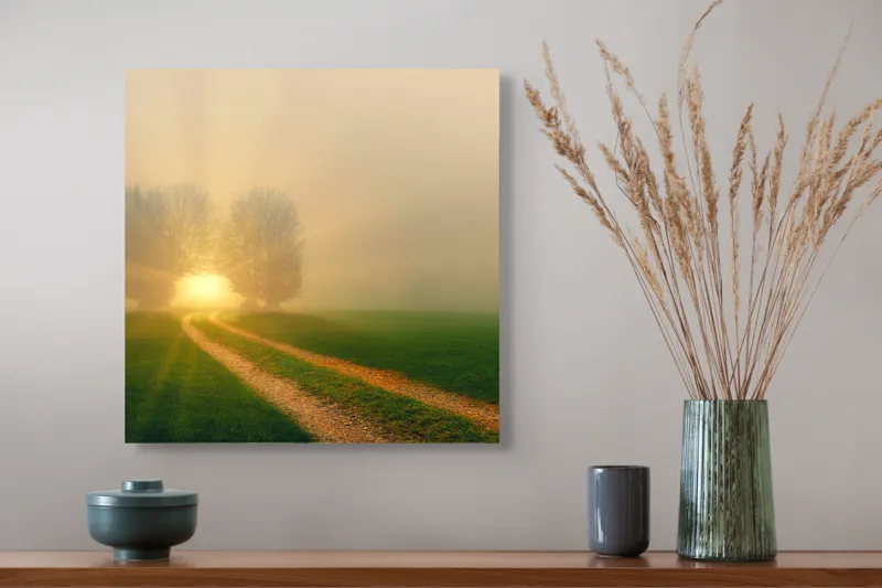 Tablou Canvas, "Drumul spre lumina eternă", Drum, Câmp, Copaci, Răsărit, Lumină, Ceață, Seninătate, Natură, 50 x 50 cm – poza 4