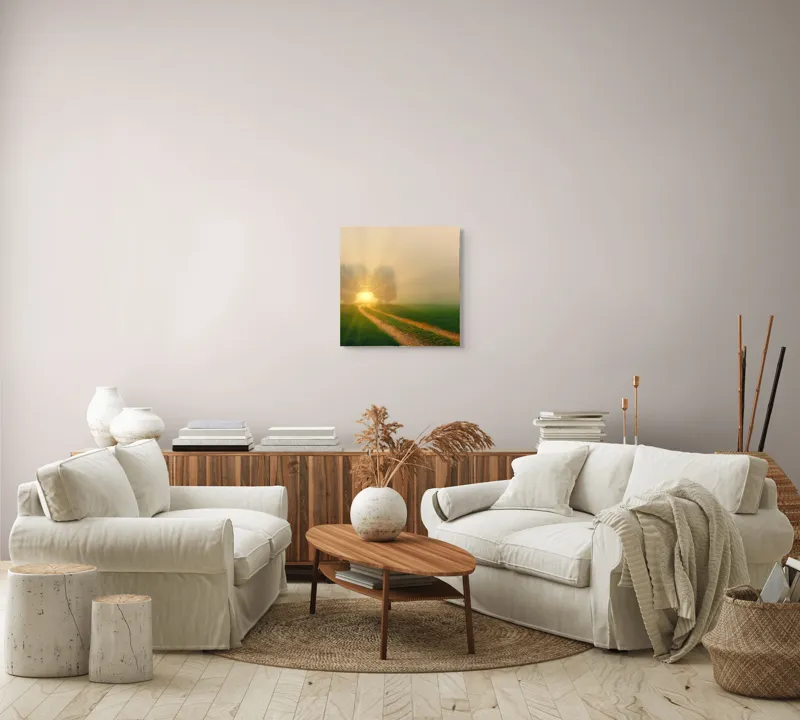 Tablou Canvas, "Drumul spre lumina eternă", Drum, Câmp, Copaci, Răsărit, Lumină, Ceață, Seninătate, Natură, 50 x 50 cm – poza 7