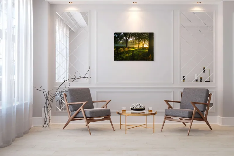 Tablou Canvas, "Raze de soare printre copaci eleganți", Frumusețe, Lumină, Pădure, Răsărit, Natură, Umbre, Verdeață, Copaci, Serenitate, 100 x 70 cm – poza 5