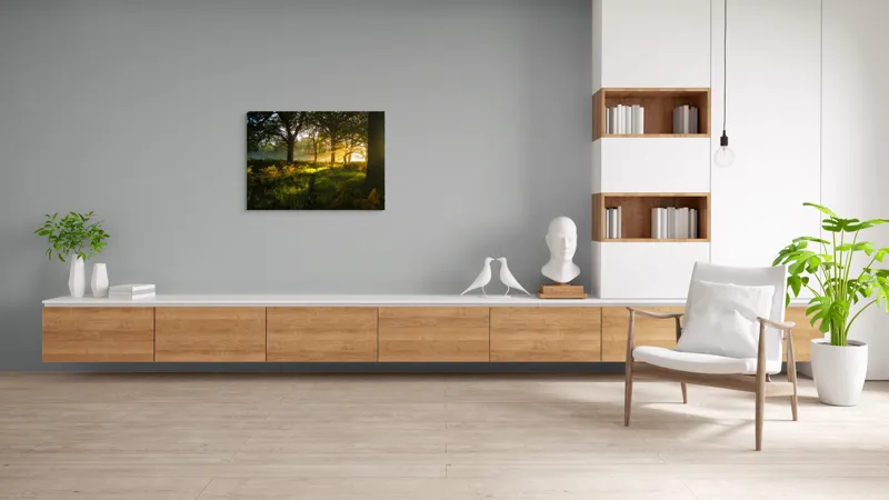 Tablou Canvas, "Raze de soare printre copaci eleganți", Frumusețe, Lumină, Pădure, Răsărit, Natură, Umbre, Verdeață, Copaci, Serenitate, 100 x 70 cm – poza 6