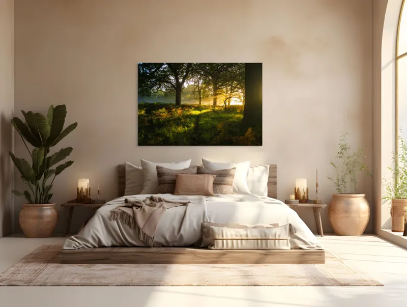 Tablou Canvas, "Raze de soare printre copaci eleganți", Frumusețe, Lumină, Pădure, Răsărit, Natură, Umbre, Verdeață, Copaci, Serenitate, 150 x 100 cm – poza 4