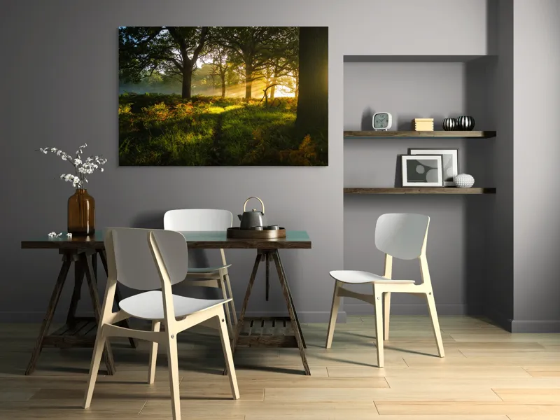 Tablou Canvas, "Raze de soare printre copaci eleganți", Frumusețe, Lumină, Pădure, Răsărit, Natură, Umbre, Verdeață, Copaci, Serenitate, 150 x 100 cm – poza 5