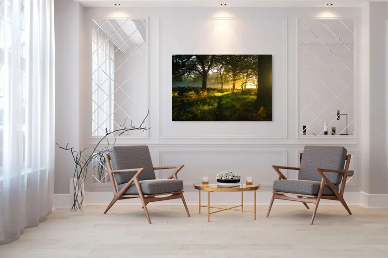Tablou Canvas, "Raze de soare printre copaci eleganți", Frumusețe, Lumină, Pădure, Răsărit, Natură, Umbre, Verdeață, Copaci, Serenitate, 150 x 100 cm – poza 7