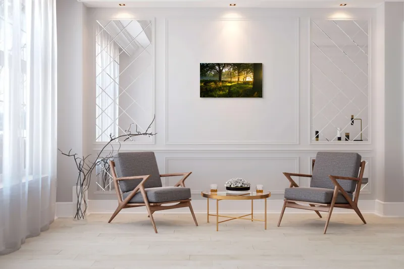 Tablou Canvas, "Raze de soare printre copaci eleganți", Frumusețe, Lumină, Pădure, Răsărit, Natură, Umbre, Verdeață, Copaci, Serenitate, 90 x 50 cm – poza 7