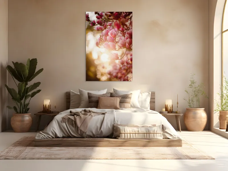 Tablou Canvas, "Răsărit printre flori de magnolie", Flori, Roz, Magnolii, Apus, Delicat, Lumină, Blând, Natură, Primăvară, Frunziș, 100 x 150 cm – poza 3