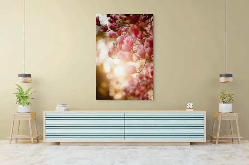 Tablou Canvas, "Răsărit printre flori de magnolie", Flori, Roz, Magnolii, Apus, Delicat, Lumină, Blând, Natură, Primăvară, Frunziș, 100 x 150 cm – poza 4