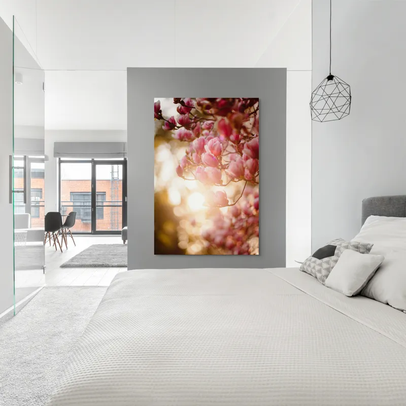 Tablou Canvas, "Răsărit printre flori de magnolie", Flori, Roz, Magnolii, Apus, Delicat, Lumină, Blând, Natură, Primăvară, Frunziș, 100 x 150 cm – poza 5
