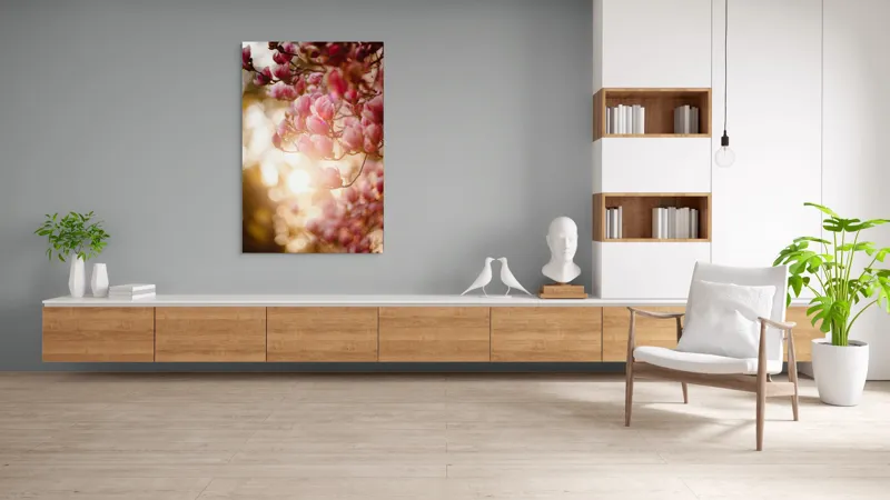 Tablou Canvas, "Răsărit printre flori de magnolie", Flori, Roz, Magnolii, Apus, Delicat, Lumină, Blând, Natură, Primăvară, Frunziș, 100 x 150 cm – poza 8