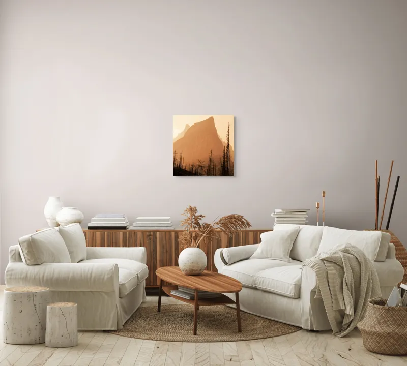 Tablou Canvas, "Vârful muntelui în amurg liniștit", Munte, Siluetă, Apus, Pini, Pădure, Mister, Liniște, Natural, Vârf, Umbre, 50 x 50 cm – poza 7