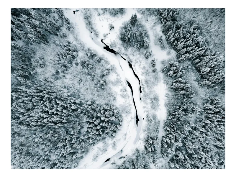 Tablou Canvas, "Râu șerpuind printre păduri înzăpezite", Alb, Rece, Râu, Înghețat, Pădure, Zăpadă, Iarnă, Aerian, Natura, Serpentină, 50 x 50 cm