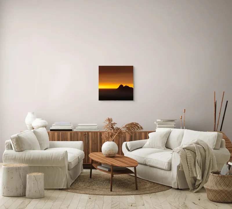 Tablou Canvas, "Asfințit mistic în depărtare marină", Apus, Siluetă, Culoare, Cer, Ocean, Lumină, Mister, Întuneric., 50 x 50 cm – poza 7