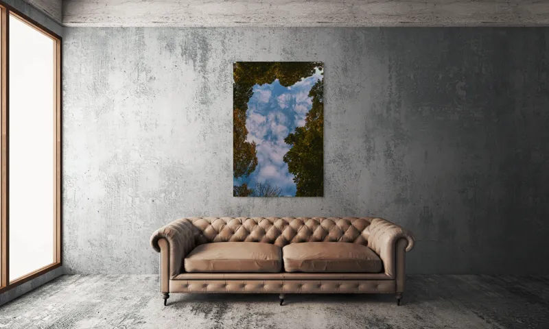Tablou Canvas, "Cerul printre frunzele de toamnă", Cer, Nori, Copaci, Frunziș, Ramuri, Albastru, Natură, Încadrare, Perspectivă, Verde., 100 x 150 cm – poza 6
