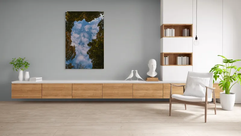 Tablou Canvas, "Cerul printre frunzele de toamnă", Cer, Nori, Copaci, Frunziș, Ramuri, Albastru, Natură, Încadrare, Perspectivă, Verde., 100 x 150 cm – poza 8