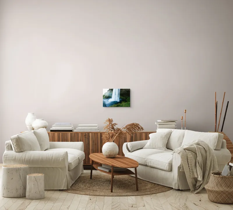 Tablou Canvas, "Cascadă înverzită în munții solitari", Cascadă, Apă, Verdeață, Roci, Natură, Răcoritoare, Flux, Vijelios, Spray, Seninătate, 39 x 26 cm – poza 7