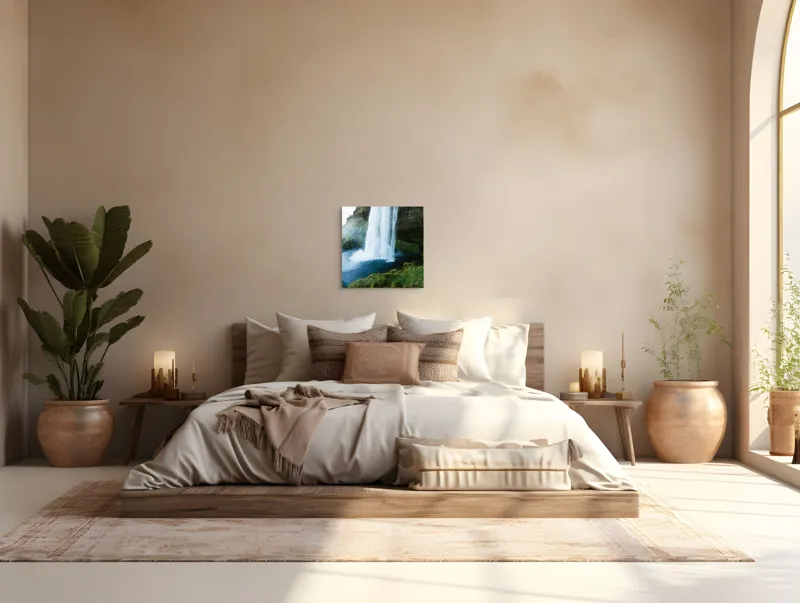 Tablou Canvas, "Cascadă înverzită în munții solitari", Cascadă, Apă, Verdeață, Roci, Natură, Răcoritoare, Flux, Vijelios, Spray, Seninătate, 50 x 50 cm – poza 5