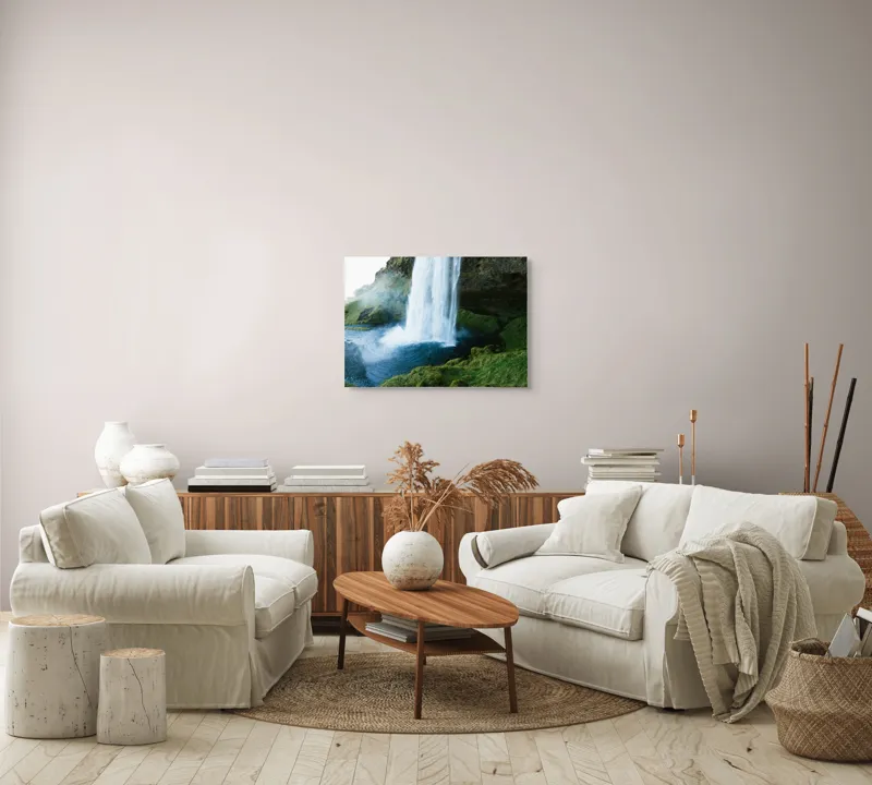 Tablou Canvas, "Cascadă înverzită în munții solitari", Cascadă, Apă, Verdeață, Roci, Natură, Răcoritoare, Flux, Vijelios, Spray, Seninătate, 70 x 50 cm – poza 6
