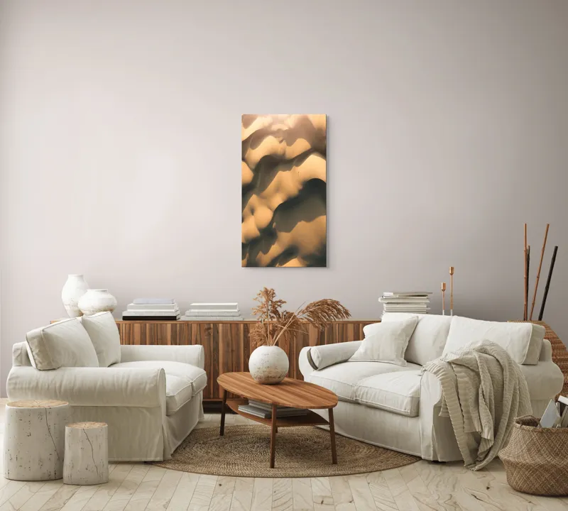 Tablou Canvas, "Umbrele dunei în amurgul nisipurilor", Valuri, Dune, Lumină, Umbre, Sărutări, Pustiu, Peisaj, Aur, Singurătate, Eternitate, 50 x 90 cm – poza 7