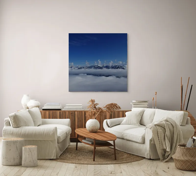 Tablou Canvas, "Nori dansând peste munți înalți", Nor, Munte, Cer, Albastru, Nori, Liniste, Inaltimi, Vedere, Frumusete, Natura, 100 x 100 cm – poza 3