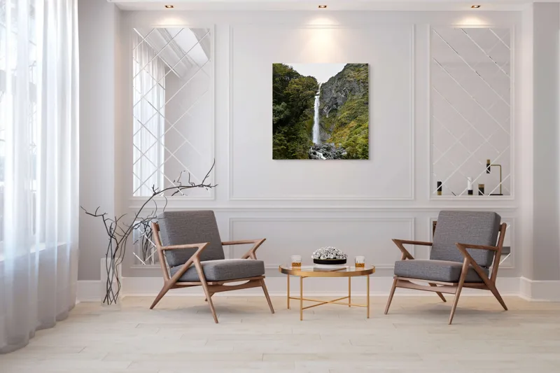 Tablou Canvas, "Cascada în mijlocul naturii sălbatice", Cascadă, Pădure, Stânci, Verdeață, Râu, Cer, Natură, Relaxează, Pitoresc, Munte, 100 x 100 cm – poza 7