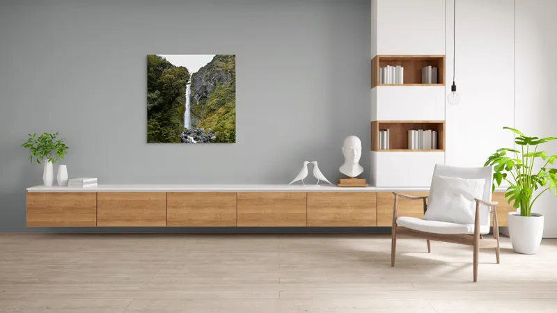 Tablou Canvas, "Cascada în mijlocul naturii sălbatice", Cascadă, Pădure, Stânci, Verdeață, Râu, Cer, Natură, Relaxează, Pitoresc, Munte, 100 x 100 cm – poza 8