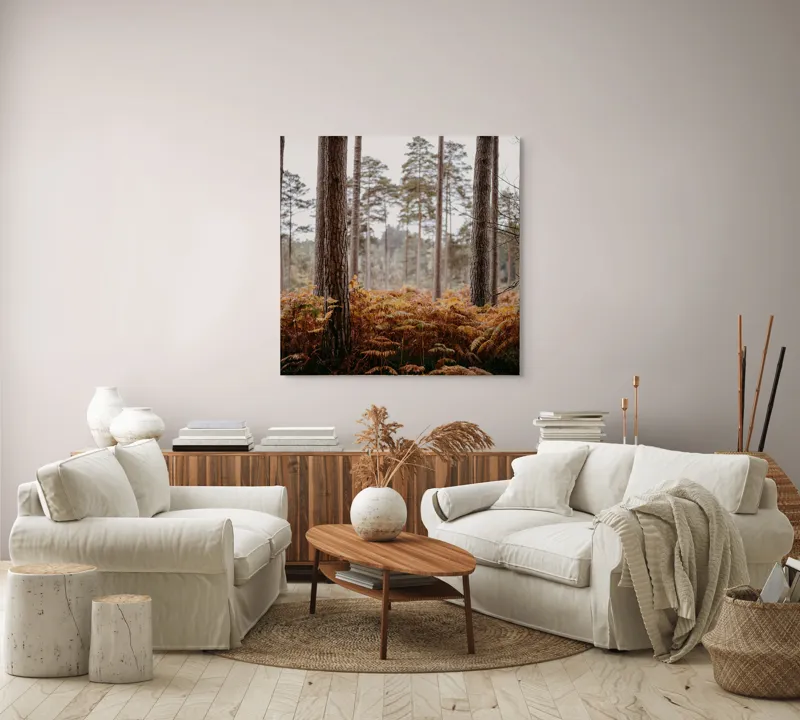 Tablou Canvas, "Pădure de toamnă liniștită și misterioasă", Pădure, Arbori, Ferigi, Toamnă, Natură, Tihnă, Trunchiuri, Verdeață, 100 x 100 cm – poza 3