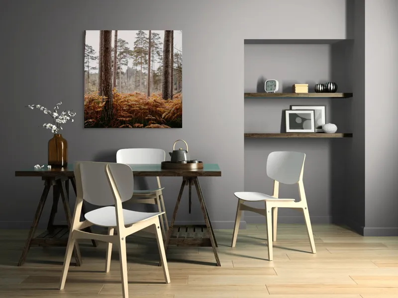 Tablou Canvas, "Pădure de toamnă liniștită și misterioasă", Pădure, Arbori, Ferigi, Toamnă, Natură, Tihnă, Trunchiuri, Verdeață, 100 x 100 cm – poza 6