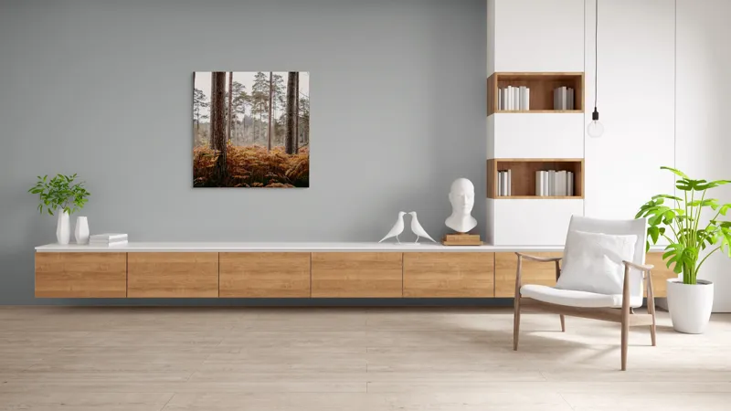 Tablou Canvas, "Pădure de toamnă liniștită și misterioasă", Pădure, Arbori, Ferigi, Toamnă, Natură, Tihnă, Trunchiuri, Verdeață, 100 x 100 cm – poza 8