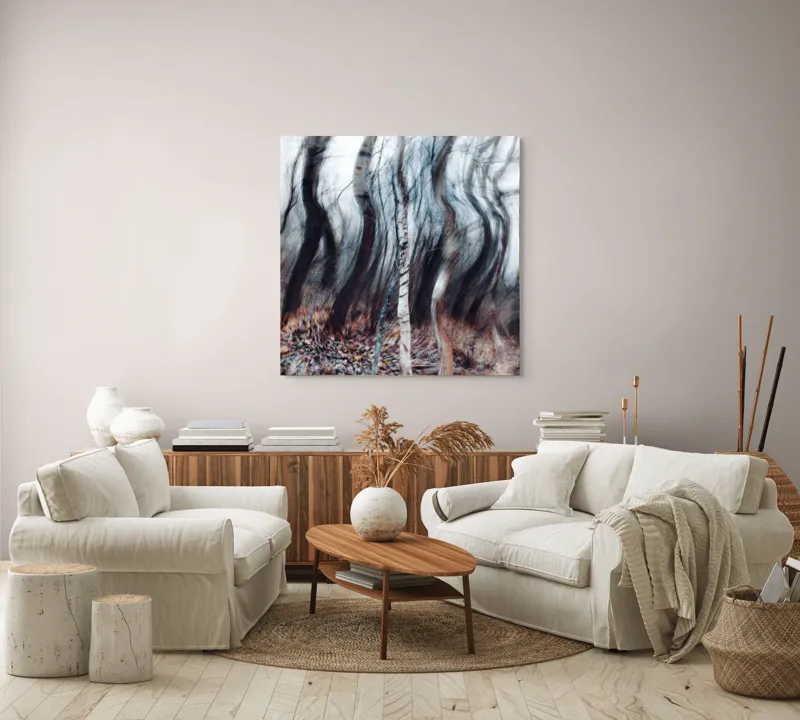 Tablou Canvas, "Pădurea dansului de vânt toamna", Arbori, Vârtej, Toamnă, Pădure, Mișcare, Abstracție, Mister, Natură, Dans, Texturi, 100 x 100 cm – poza 3