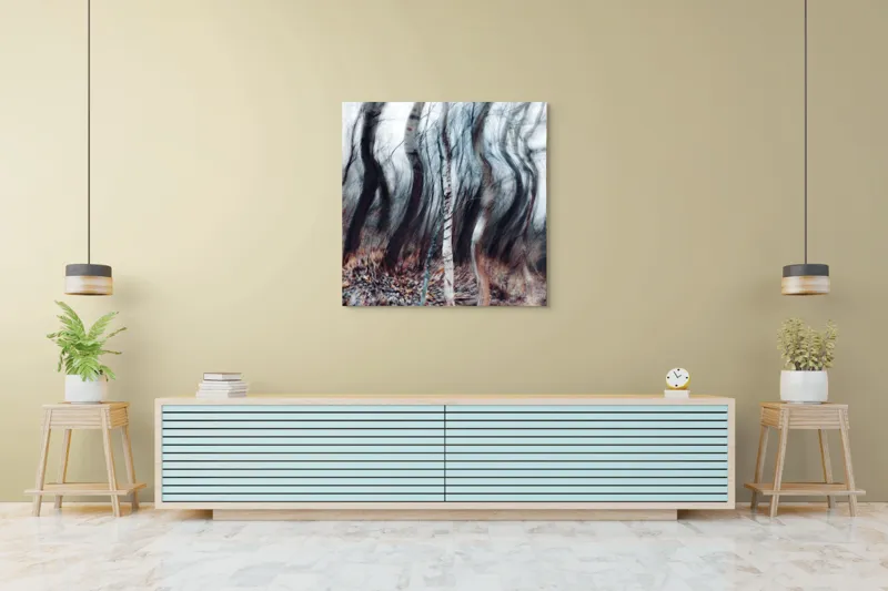 Tablou Canvas, "Pădurea dansului de vânt toamna", Arbori, Vârtej, Toamnă, Pădure, Mișcare, Abstracție, Mister, Natură, Dans, Texturi, 100 x 100 cm – poza 5